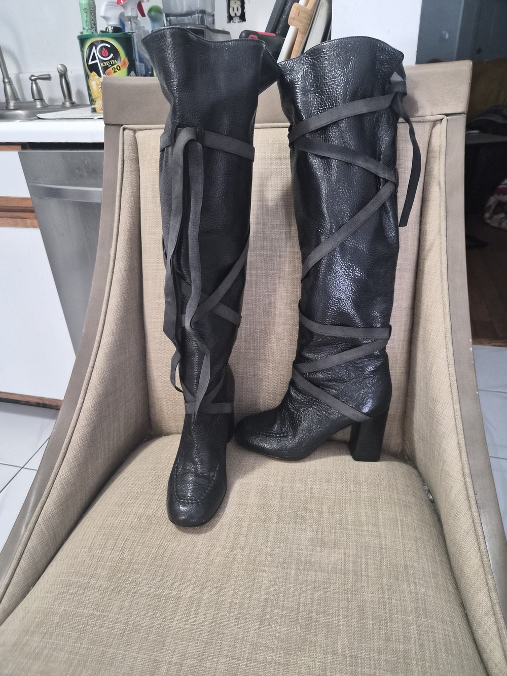 Andrea Gomez Black Leather Over Knee Lace-Up Women's Boots
